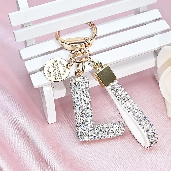 Pink Blue White Initial Letter Keychain Gift for Women Girls Bling Sparkly Cute Backpack Car Key Accessories Lanyard