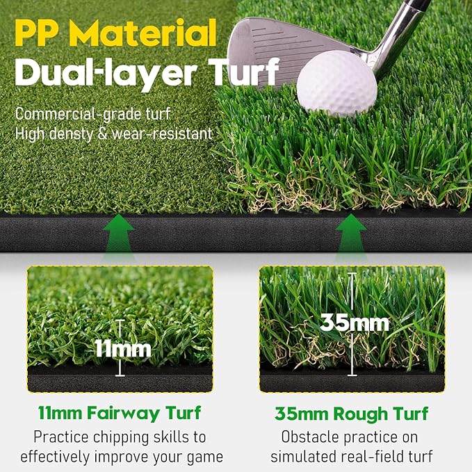 Premium Dual-Turf Golf Mat with Ball Tray, 5x4 FT Golf Hitting Mats Practice Outdoor Indoor Equipment with 10 Balls, 9 Golf Tees, Aid Training Swing Chipping Mat, Gifts for Men,Boy,Golfers