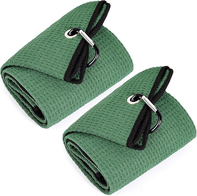 Mile High Life Tri-fold Golf Towel | 16" X 24" | Premium Microfiber Fabric | Waffle Pattern | with Heavy Duty Carabiner Clip | for Men and Women (2 Pack Green)