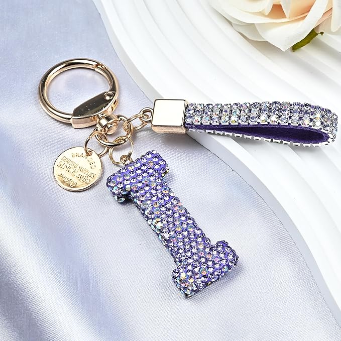 Pink Blue White Initial Letter Keychain Gift for Women Girls Bling Sparkly Cute Backpack Car Key Accessories Lanyard