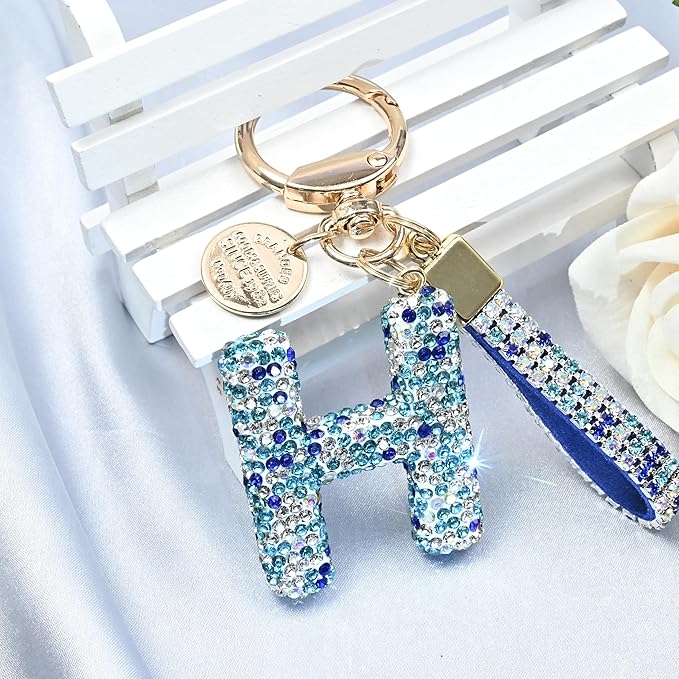 Pink Blue White Initial Letter Keychain Gift for Women Girls Bling Sparkly Cute Backpack Car Key Accessories Lanyard