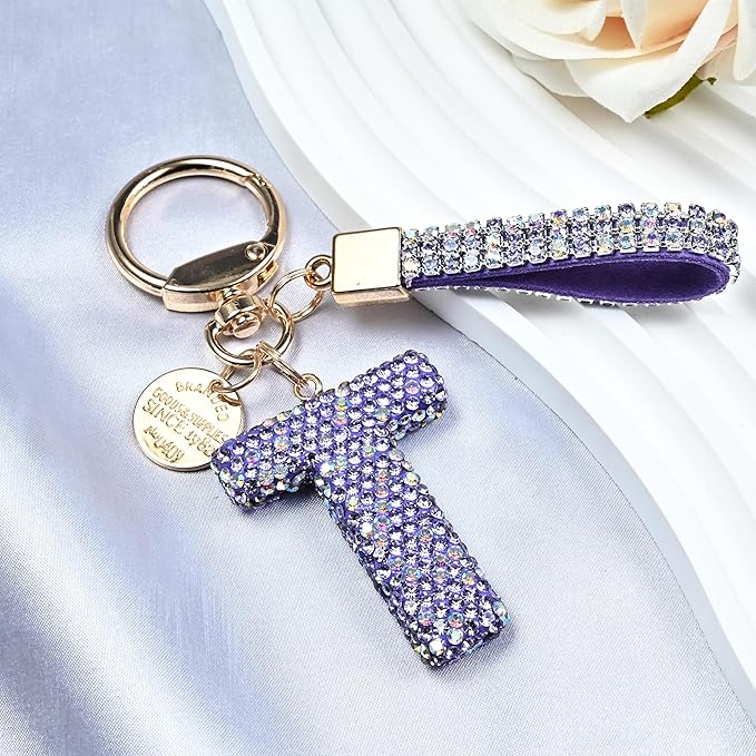 Pink Blue White Initial Letter Keychain Gift for Women Girls Bling Sparkly Cute Backpack Car Key Accessories Lanyard