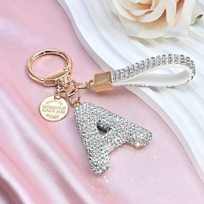 Pink Blue White Initial Letter Keychain Gift for Women Girls Bling Sparkly Cute Backpack Car Key Accessories Lanyard