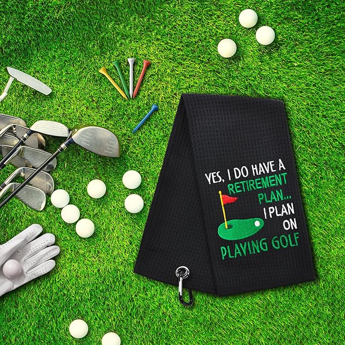 ERHACHAIJIA Yes I'd Have A Retirement Plan Embroidered Golf Towel with Clip. Funny Golf Accessories Gifts for Men Women Golfer Grandma Grandpa Mom Dad, Birthday Retirement