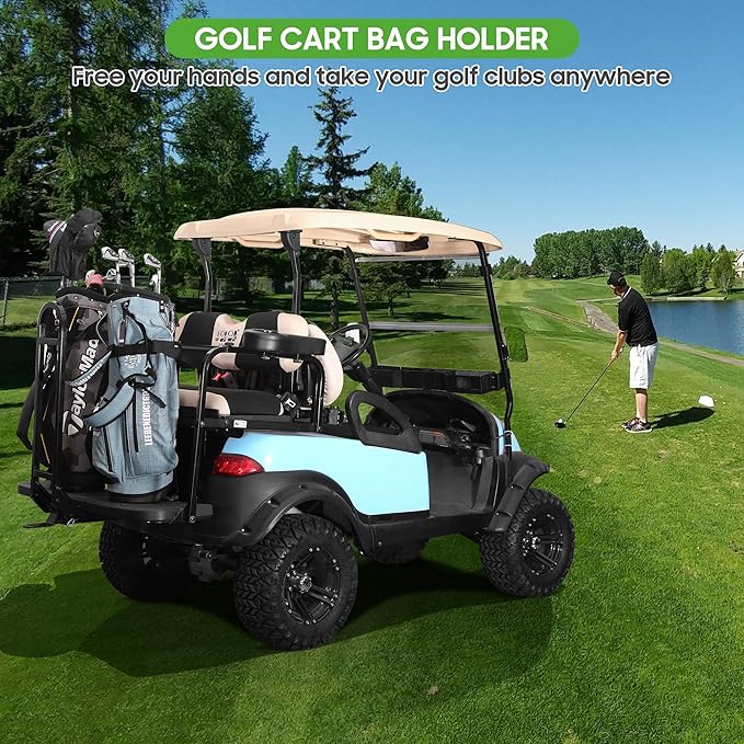 10L0L Upgraded Golf Bag Stand Attachment, Adjustable Rear Cart Bag Holder for Yamaha, EZGO and Club Car, No-Drilling Required Club Rack with Etra Strap