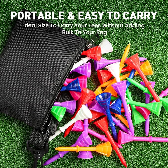 Golf Tees Plastic 3 1/4 inch Unbreakable 30 Pack with Pouch Bag, Durable Stable Available 83 mm Long Tee for Golfer Practice