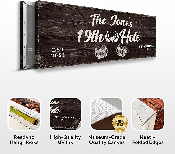 TAILORED CANVASES Golf Art Decor - Personalized Vintage Golf Wall Art Sign for Man Cave, Bedroom, Basement, Home Bar and Custom Gift for Husband, Dad, Wedding & Anniversary - 19th Hole Sign, 36"x12"
