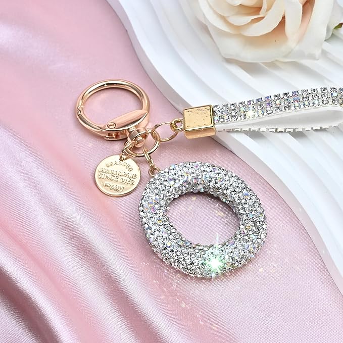 Pink Blue White Initial Letter Keychain Gift for Women Girls Bling Sparkly Cute Backpack Car Key Accessories Lanyard