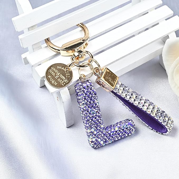 Pink Blue White Initial Letter Keychain Gift for Women Girls Bling Sparkly Cute Backpack Car Key Accessories Lanyard