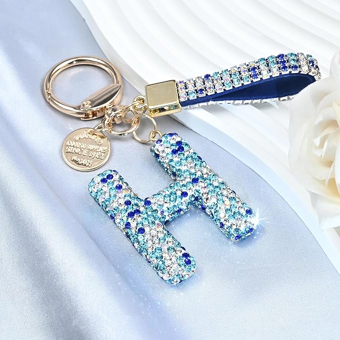 Pink Blue White Initial Letter Keychain Gift for Women Girls Bling Sparkly Cute Backpack Car Key Accessories Lanyard