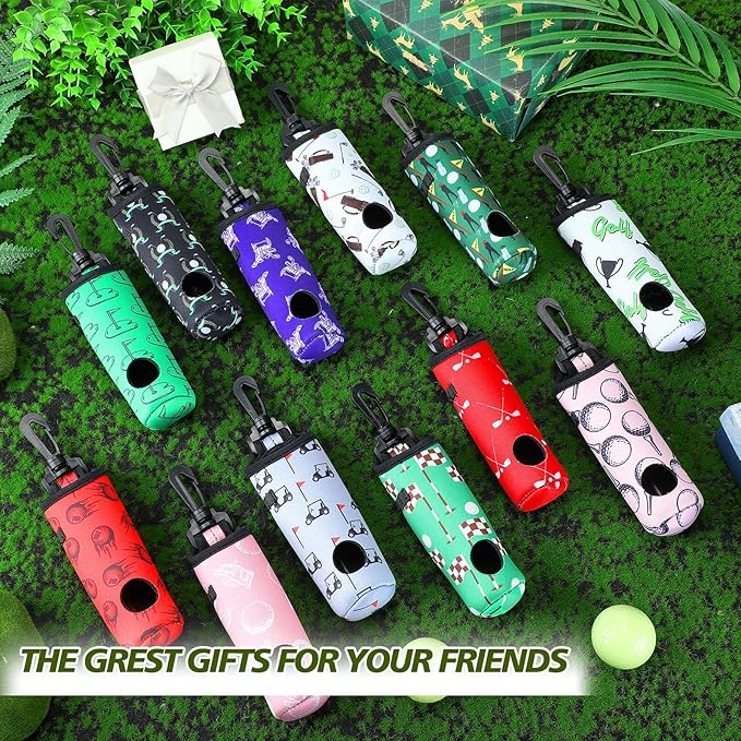 Jerify 12 Pieces Golf Ball Holder Soft Carry Bag with Tee Holder Keychain Belt Clip Hook Portable Golf Accessories for Women Ladies Golfer Pouch Gifts, 12 Styles
