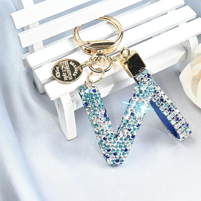 Pink Blue White Initial Letter Keychain Gift for Women Girls Bling Sparkly Cute Backpack Car Key Accessories Lanyard