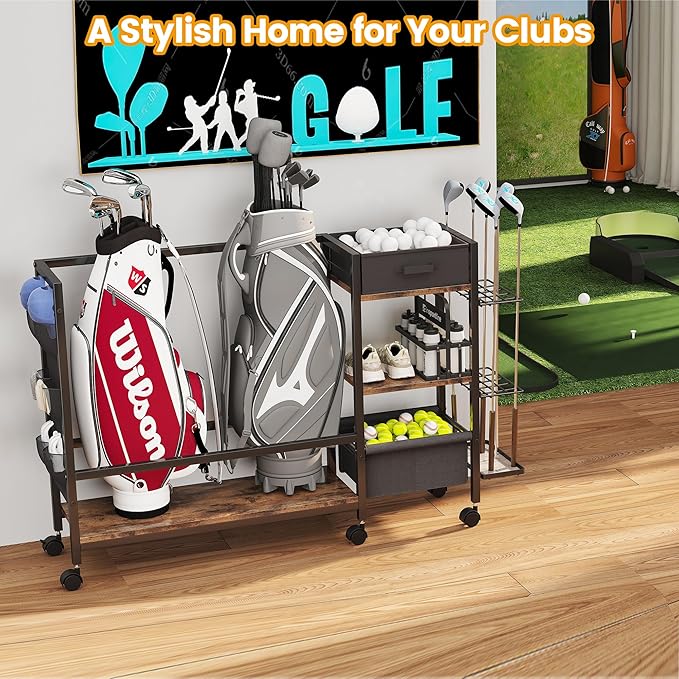 Golf Bag Storage Organizer for Garage, Golf Organizer with Extra Golf Rack and Side Fabric Bag for 20 Golf Clubs & Golf Essentials, Golf Bag Stand for Golf Bag Accessories, Ideal Golf Gifts for Men