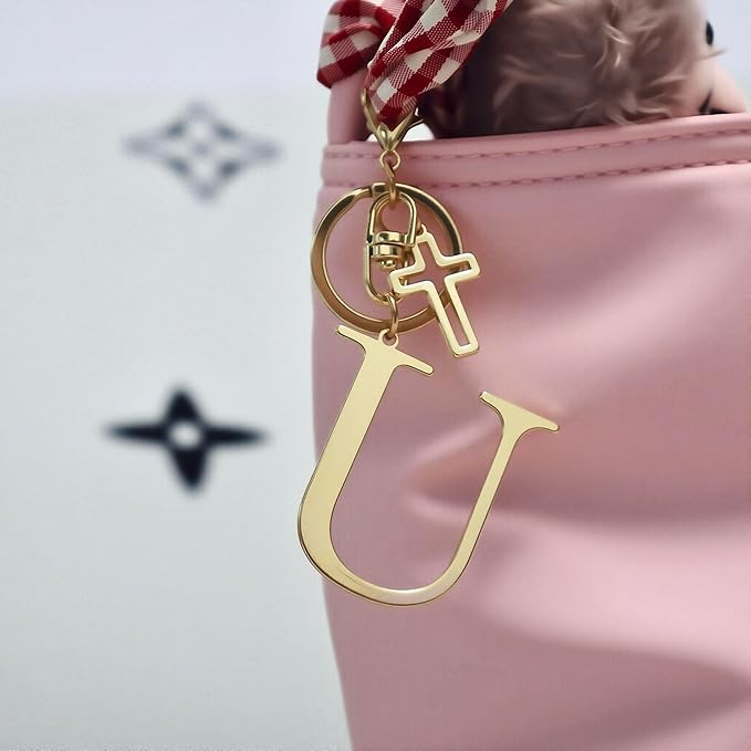 Gold Initial Keychain for Women A-Z Letter Cross Keychains Alphabet Key Chain bag Accessories Gift for Christian
