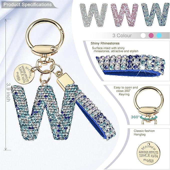 Pink Blue White Initial Letter Keychain Gift for Women Girls Bling Sparkly Cute Backpack Car Key Accessories Lanyard
