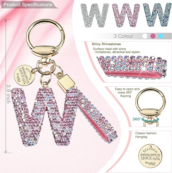 Pink Blue White Initial Letter Keychain Gift for Women Girls Bling Sparkly Cute Backpack Car Key Accessories Lanyard