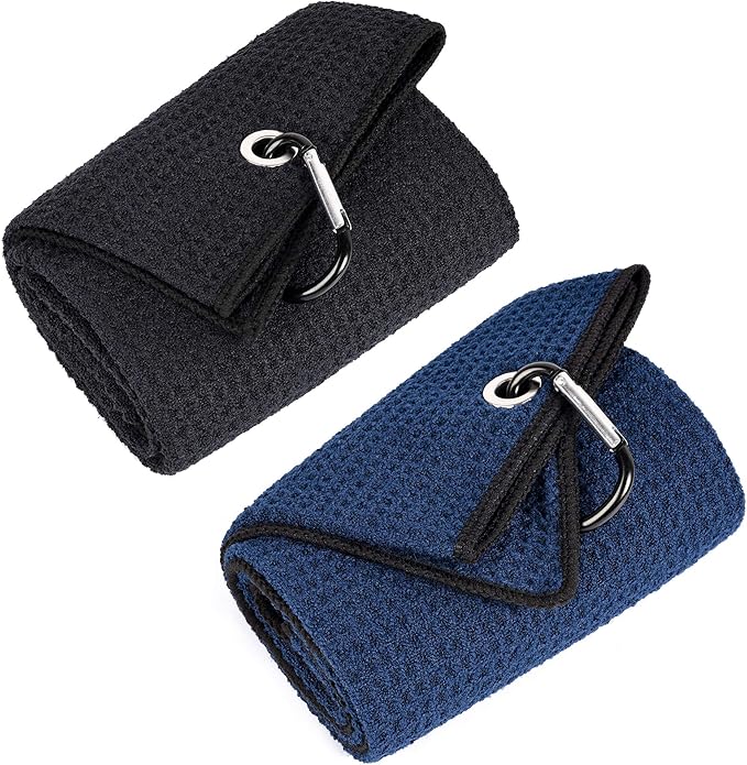 Mile High Life Tri-fold Golf Towel | 16" X 24" | Premium Microfiber Fabric | Waffle Pattern | with Heavy Duty Carabiner Clip | for Men and Women (Black & Navy)