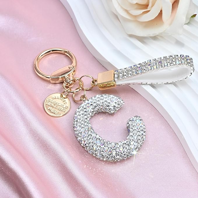 Pink Blue White Initial Letter Keychain Gift for Women Girls Bling Sparkly Cute Backpack Car Key Accessories Lanyard