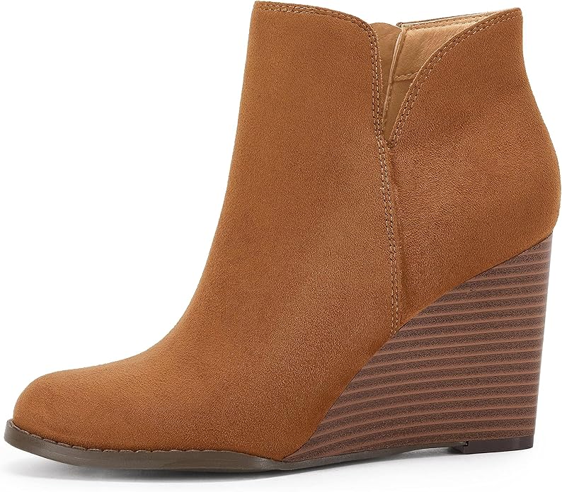 LAICIGO Womens V Cut Wedge Ankle Booties Zip-up Closed Toe Stacked Heel Faux Suede Winter Boots