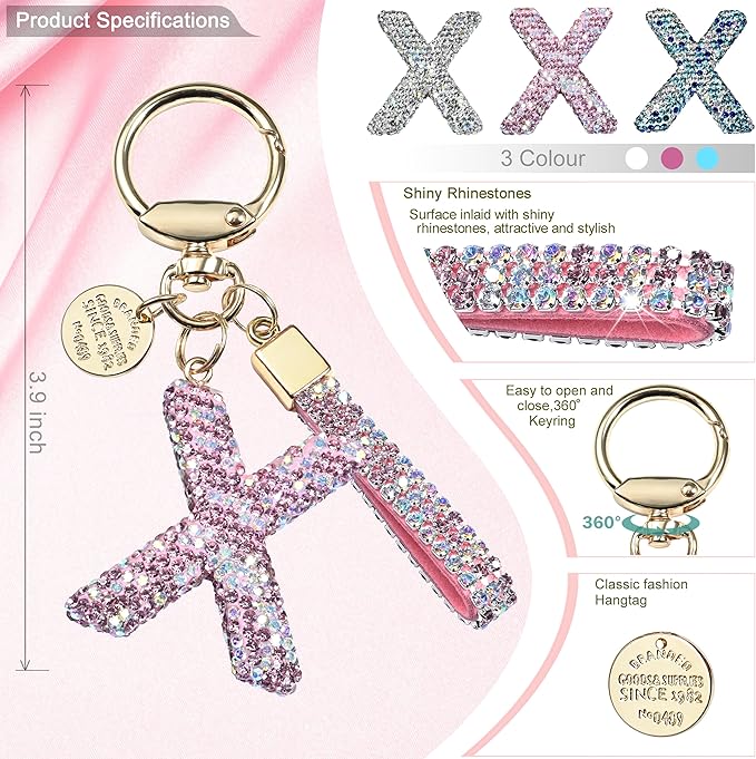 Pink Blue White Initial Letter Keychain Gift for Women Girls Bling Sparkly Cute Backpack Car Key Accessories Lanyard