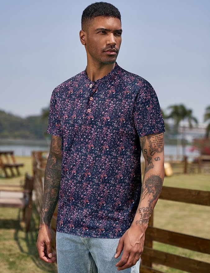 TAPULCO Mens Collarless Golf Shirts Short Sleeve Dry Fit Stretch Casual Breathable Lightweight Tshirts