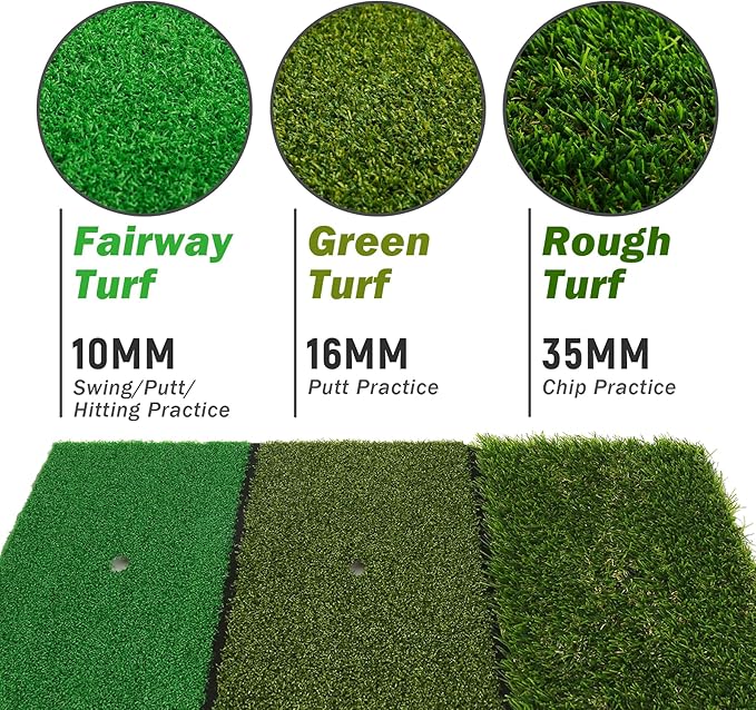 Golf Practice Mat Golf Hitting Mat for Swing, Putting & Chipping | Portable Golf Training Mat Indoor/Outdoor, Dual-Turf/Tri-Turf Golf Mat with 8 Tees