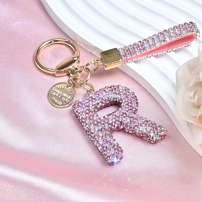 Pink Blue White Initial Letter Keychain Gift for Women Girls Bling Sparkly Cute Backpack Car Key Accessories Lanyard