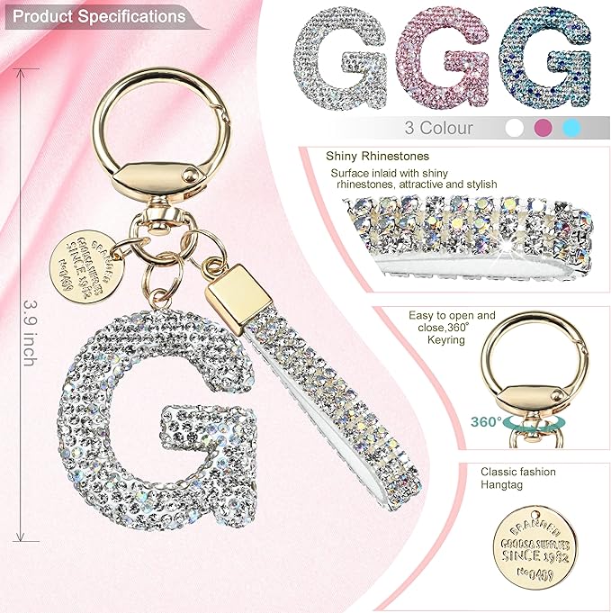 Pink Blue White Initial Letter Keychain Gift for Women Girls Bling Sparkly Cute Backpack Car Key Accessories Lanyard