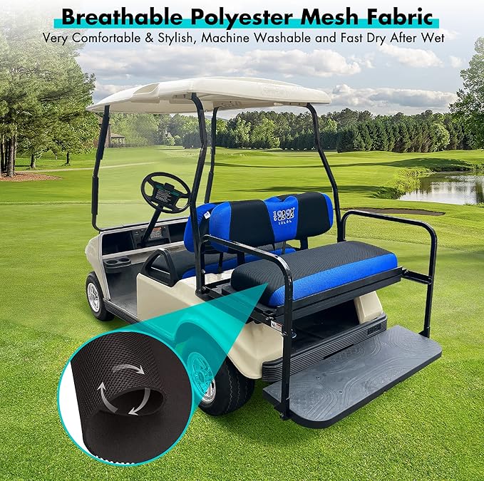 10L0L Golf Cart Front + Rear Seat Cover Set for EZGO TXT RXV 4 Passenger Models Bench Seat Covers Kit Breathable Washable Polyester Mesh Cloth (S+XS) (Black/Blue)