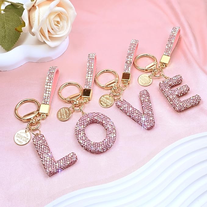 Pink Blue White Initial Letter Keychain Gift for Women Girls Bling Sparkly Cute Backpack Car Key Accessories Lanyard