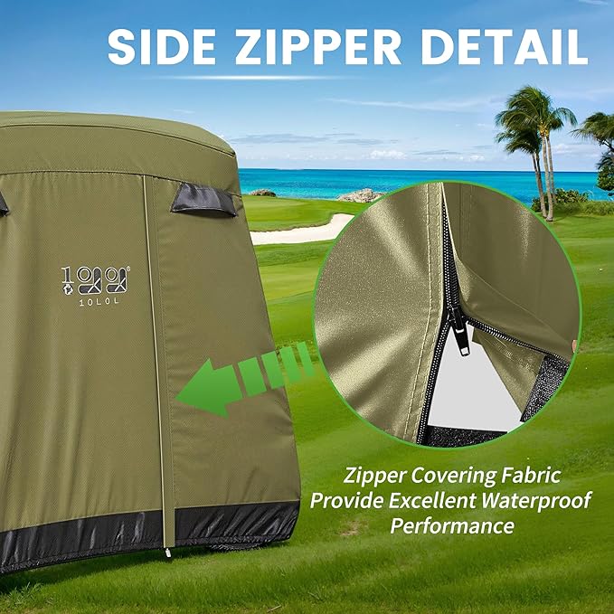 10L0L Golf Cart Cover 2/4/4+2 Passenger for Yamaha EZGO Club Car, Heavy Duty 420D Waterproof Windproof Durable Polyester Golf Cart Cover with 3 Zipper Doors for All-Weather Protection (Black/Silver)