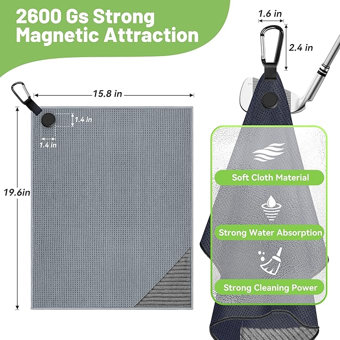 2 Pack Magnetic Golf Towels with Carabiner, Wire Cleaning Cloth, Ultra Absorbent Microfiber, Waffle Pattern Golf Towel with Magnet for Men Women, Golf Accessories for Golf Bags, Carts or Clubs