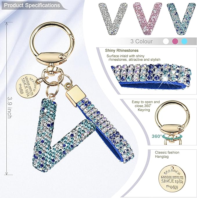 Pink Blue White Initial Letter Keychain Gift for Women Girls Bling Sparkly Cute Backpack Car Key Accessories Lanyard