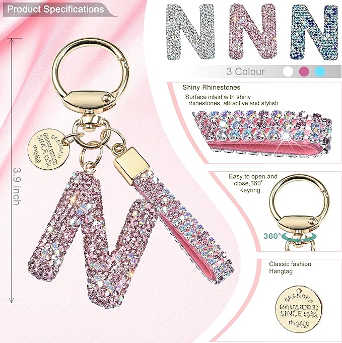Pink Blue White Initial Letter Keychain Gift for Women Girls Bling Sparkly Cute Backpack Car Key Accessories Lanyard