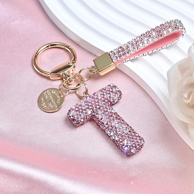 Pink Blue White Initial Letter Keychain Gift for Women Girls Bling Sparkly Cute Backpack Car Key Accessories Lanyard