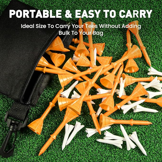 FINGER TEN Golf Tees Plastic Unbreakable 30 Tees 3 1/4 Inch and 20 More Short Tees 1 1/2 Inch with Black Golf Tee Bag, Easy to Find Value Gift Set