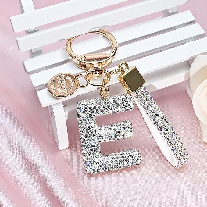Pink Blue White Initial Letter Keychain Gift for Women Girls Bling Sparkly Cute Backpack Car Key Accessories Lanyard
