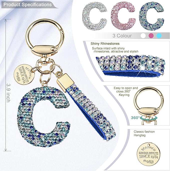Pink Blue White Initial Letter Keychain Gift for Women Girls Bling Sparkly Cute Backpack Car Key Accessories Lanyard