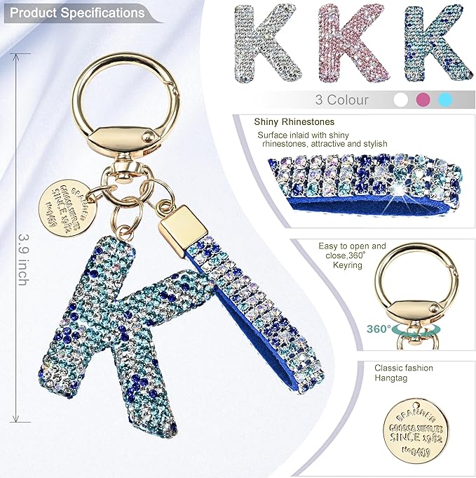 Pink Blue White Initial Letter Keychain Gift for Women Girls Bling Sparkly Cute Backpack Car Key Accessories Lanyard