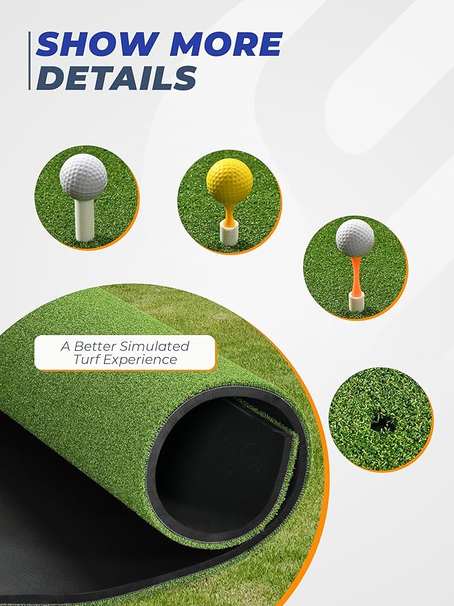 5x4ft Golf Hitting Mat, Thickened 21mm/31mm/36mm Artificial Turf Golf Practice Mats for Indoor Outdoor Backyard Driving Swing Training with 9 PU Balls, 3 Rubber Tees, 7 Tees