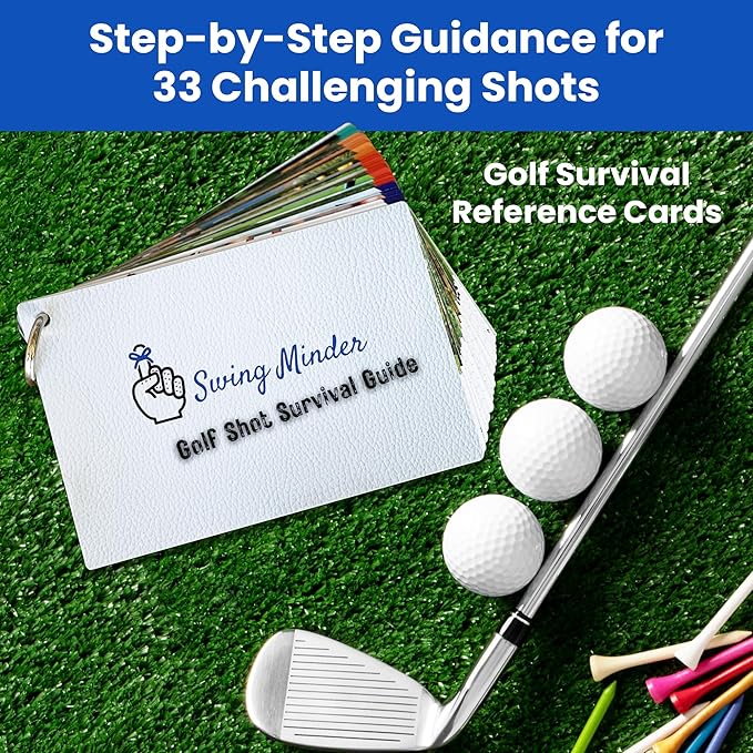 Swing Minder Golf Reference Cards - Step-by-Step Instructions for 33 of Golf's Hardest Shots - Ideal Golf Gifts for Men or Golf Bag Accessories - Waterproof PVC and Sturdy Carabiner for Easy Use