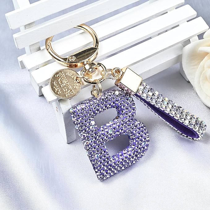 Pink Blue White Initial Letter Keychain Gift for Women Girls Bling Sparkly Cute Backpack Car Key Accessories Lanyard