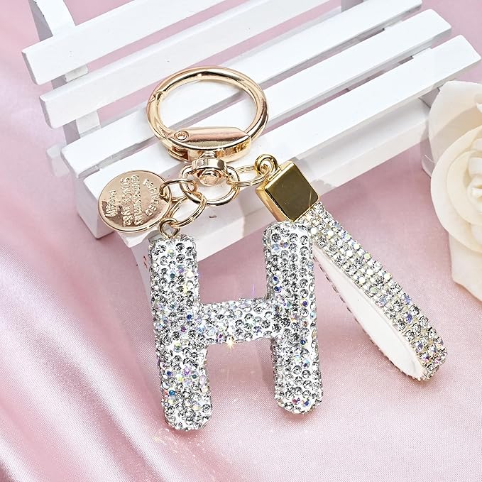 Pink Blue White Initial Letter Keychain Gift for Women Girls Bling Sparkly Cute Backpack Car Key Accessories Lanyard