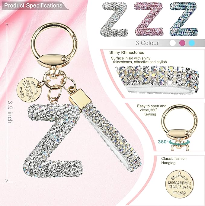 Pink Blue White Initial Letter Keychain Gift for Women Girls Bling Sparkly Cute Backpack Car Key Accessories Lanyard