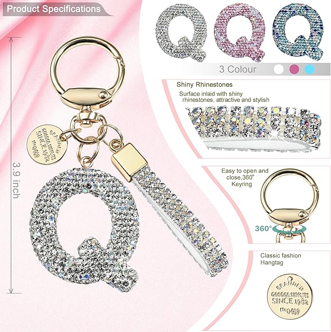 Pink Blue White Initial Letter Keychain Gift for Women Girls Bling Sparkly Cute Backpack Car Key Accessories Lanyard