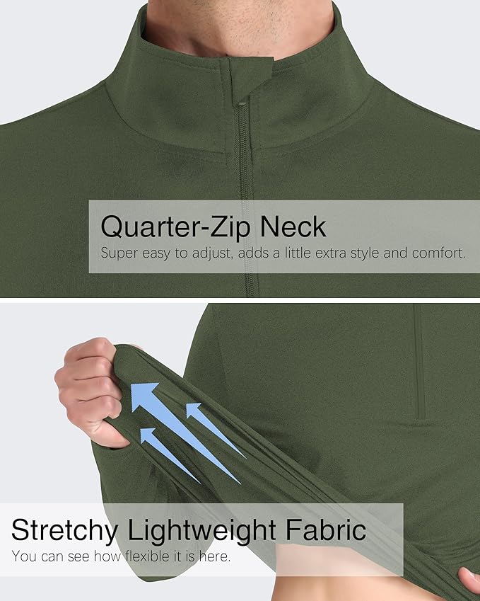 Mens Long Sleeve Shirts Quarter Zip Pullover UPF 50+ Sun Protection Wicking Moisture Workout Running Casual Athletic Tops
