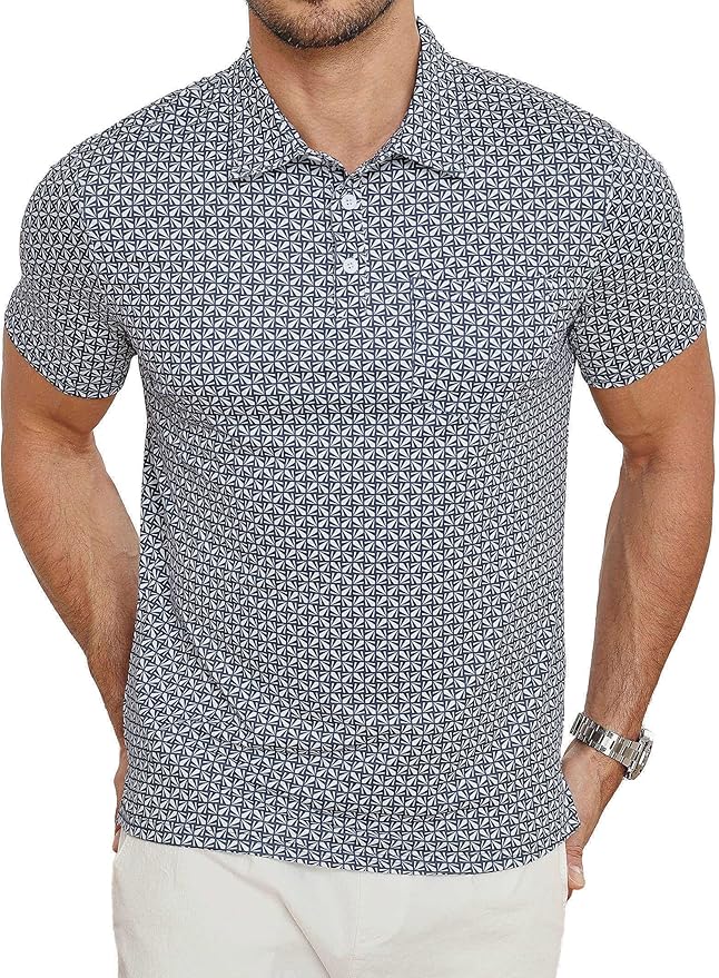 Lexiart Mens Golf Shirt Short Sleeve Dry Fit Print Moisture Wicking Performance Patterns Collared Polo Shirt with Pocket