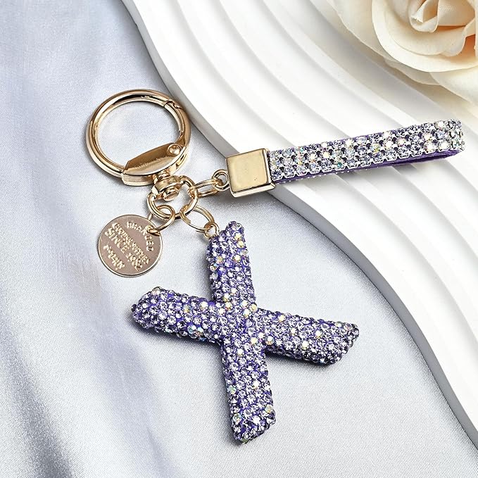 Pink Blue White Initial Letter Keychain Gift for Women Girls Bling Sparkly Cute Backpack Car Key Accessories Lanyard