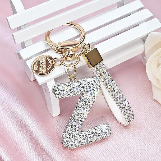 Pink Blue White Initial Letter Keychain Gift for Women Girls Bling Sparkly Cute Backpack Car Key Accessories Lanyard