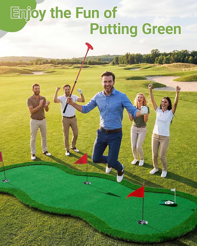 Golf Putting Green Mat-10x4.8Ft Professional Large Practice Putting Mat with 3 Flags 1 Movable Cup 1 Golf Club 3 Balls for Indoor and Outdoor Party GameTraining Mat